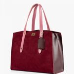 Burgundy suede with pink multi compartment satchel bag