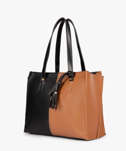 Tan and black over the shoulder tote bag