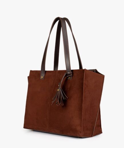 Dark brown suede over the shoulder tote bag